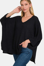 Zenana Full Size Waffle Knit V - Neck Long Sleeve Slit Top - Luxe Shopping