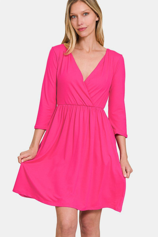 Zenana Three - Quarter Sleeve Surplice Dress with Pockets - Luxe Shopping