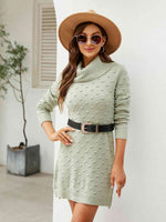 Turtleneck Long Sleeve Slit Sweater Dress - 2 Colors