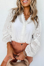 Women's V-Neck Openwork Long Sleeve Blouse