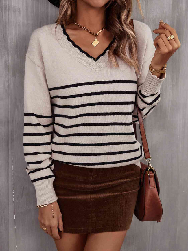 Striped V-Neck Drop Shoulder Sweater - 3 Colors