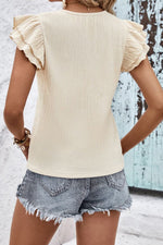 Apricot Crinkle Textured V Neck Flutter Sleeve Top - Luxe Shopping