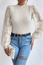 Beige Sunflower Mesh Bubble Sleeve Waffle Knit Top - Luxe Shopping