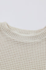 Beige Sunflower Mesh Bubble Sleeve Waffle Knit Top - Luxe Shopping