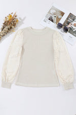 Beige Sunflower Mesh Bubble Sleeve Waffle Knit Top - Luxe Shopping