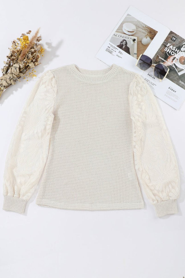 Beige Sunflower Mesh Bubble Sleeve Waffle Knit Top - Luxe Shopping