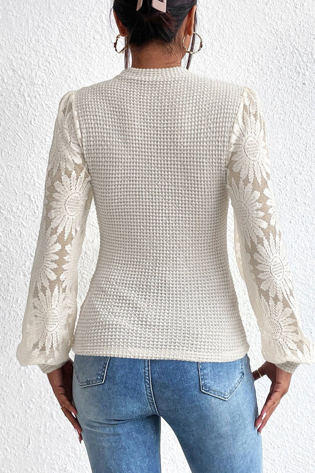 Beige Sunflower Mesh Bubble Sleeve Waffle Knit Top - Luxe Shopping