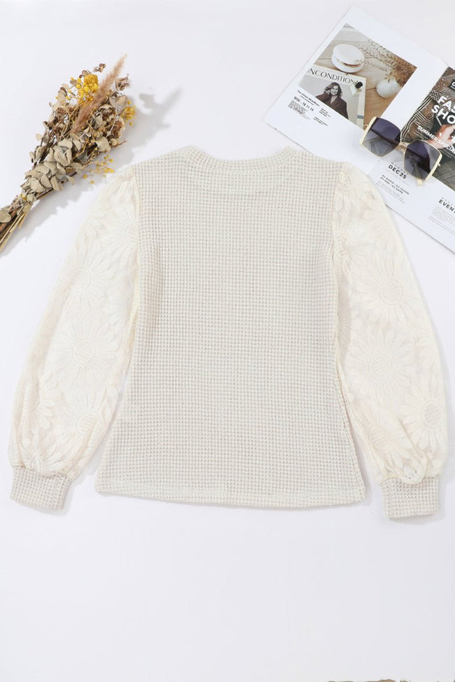 Beige Sunflower Mesh Bubble Sleeve Waffle Knit Top - Luxe Shopping