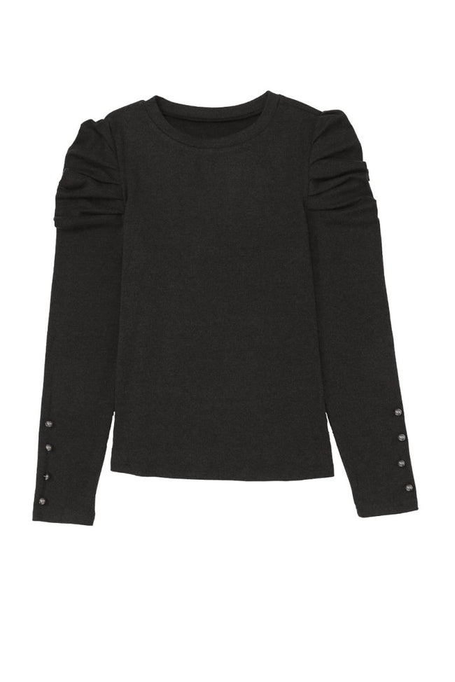 Black Buttoned Puff Long Sleeve Sheath Top - Luxe Shopping