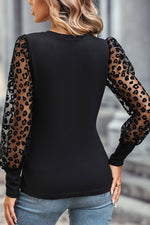 Black Leopard Mesh Puff Sleeve Patchwork Slim Fit Top - Luxe Shopping