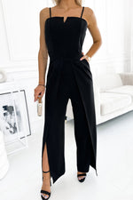 Black Spaghetti Straps Slit Leg Jumpsuit with Pockets - Luxe Shopping