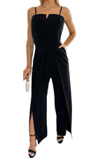 Black Spaghetti Straps Slit Leg Jumpsuit with Pockets - Luxe Shopping