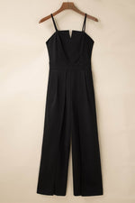 Black Spaghetti Straps Slit Leg Jumpsuit with Pockets - Luxe Shopping