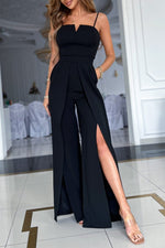 Black Spaghetti Straps Slit Leg Jumpsuit with Pockets - Luxe Shopping