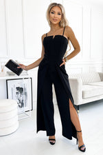 Black Spaghetti Straps Slit Leg Jumpsuit with Pockets - Luxe Shopping