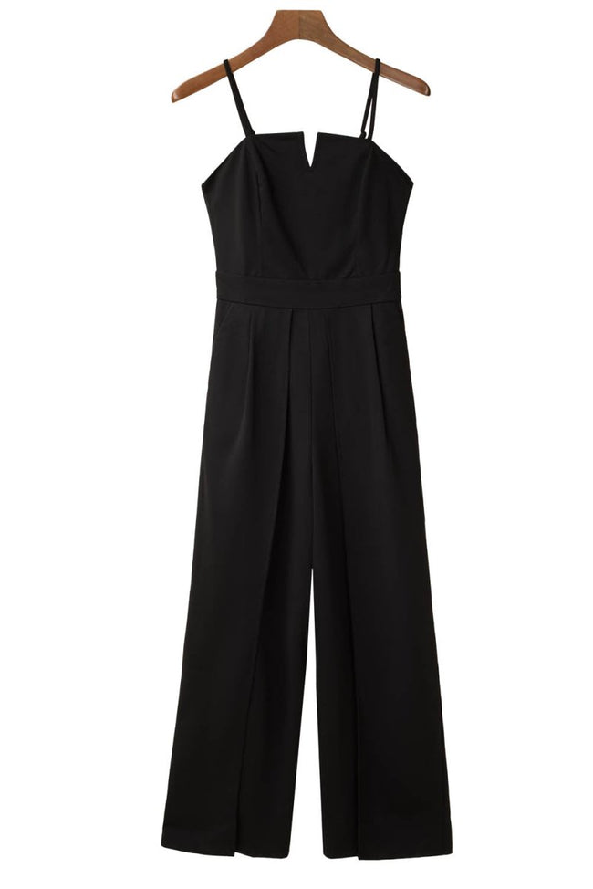 Black Spaghetti Straps Slit Leg Jumpsuit with Pockets - Luxe Shopping