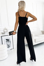 Black Spaghetti Straps Slit Leg Jumpsuit with Pockets - Luxe Shopping