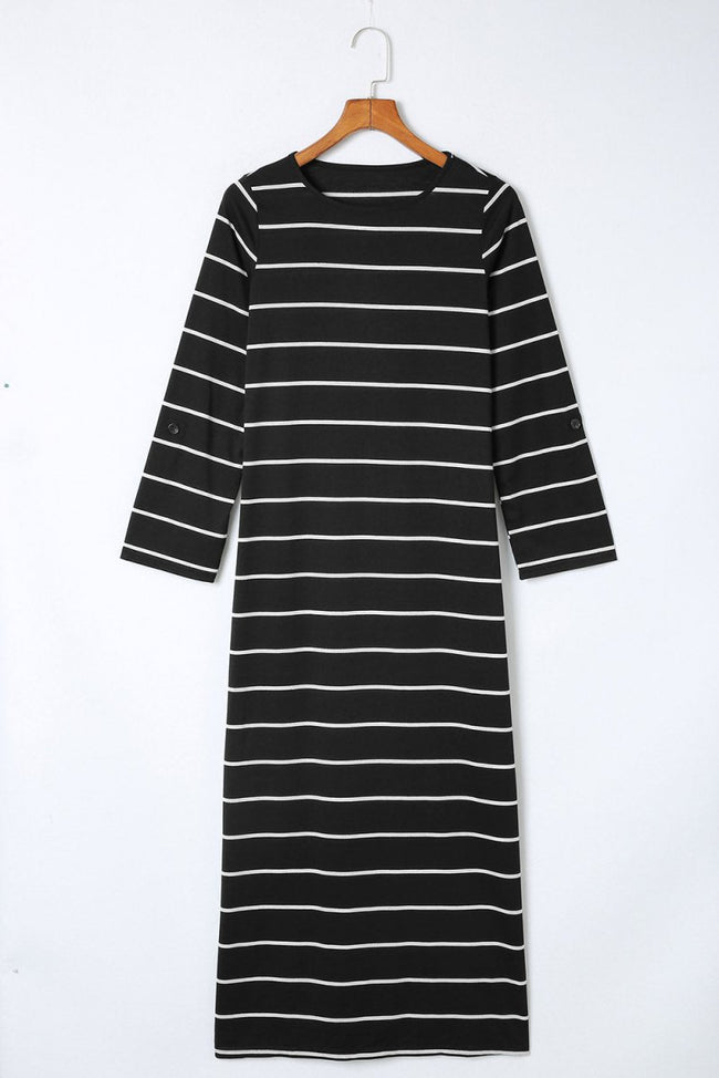 Black Striped Casual Slit Long Dress - Luxe Shopping