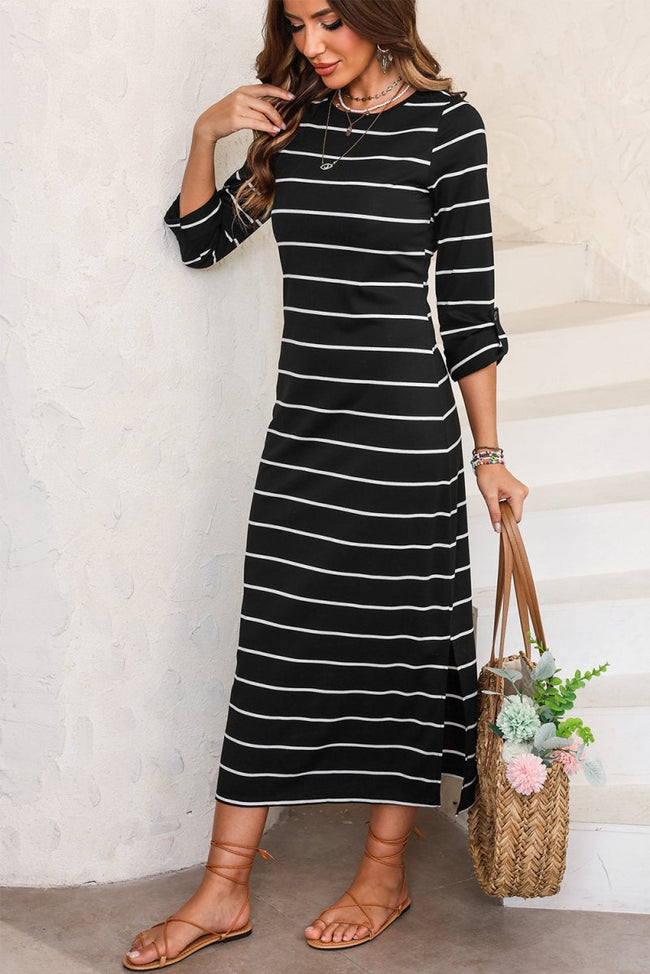 Black Striped Casual Slit Long Dress - Luxe Shopping