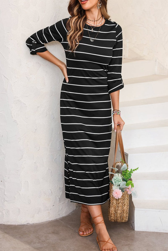 Black Striped Casual Slit Long Dress - Luxe Shopping