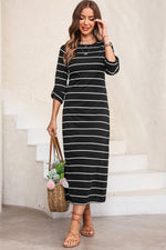 Black Striped Casual Slit Long Dress - Luxe Shopping