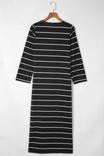 Black Striped Casual Slit Long Dress - Luxe Shopping