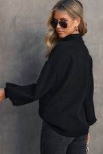 Black Turtleneck Drop Shoulder Bubble Sleeve Knit Sweater - Luxe Shopping