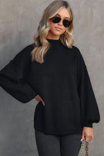 Black Turtleneck Drop Shoulder Bubble Sleeve Knit Sweater - Luxe Shopping