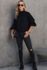 Black Turtleneck Drop Shoulder Bubble Sleeve Knit Sweater - Luxe Shopping