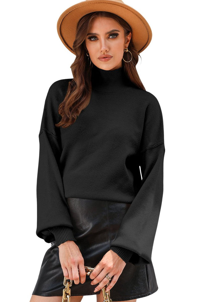 Black Turtleneck Drop Shoulder Bubble Sleeve Knit Sweater - Luxe Shopping