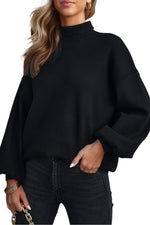 Black Turtleneck Drop Shoulder Bubble Sleeve Knit Sweater - Luxe Shopping