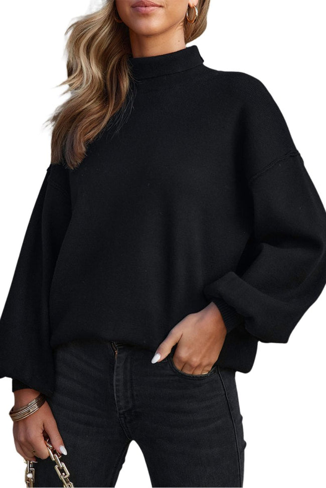 Black Turtleneck Drop Shoulder Bubble Sleeve Knit Sweater - Luxe Shopping