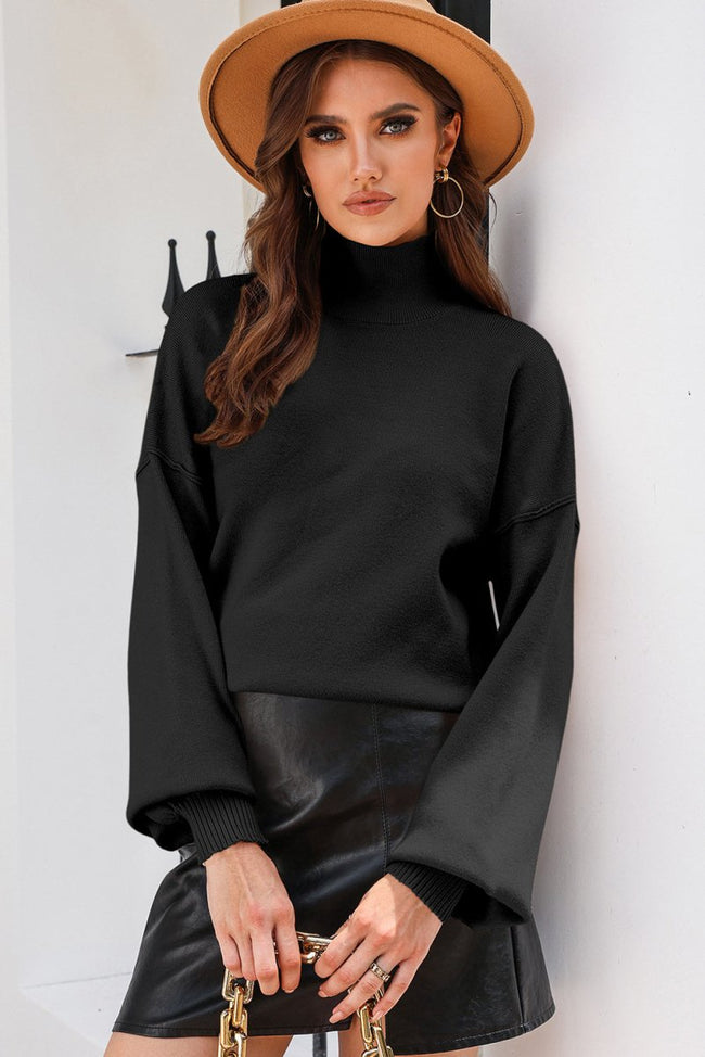 Black Turtleneck Drop Shoulder Bubble Sleeve Knit Sweater - Luxe Shopping