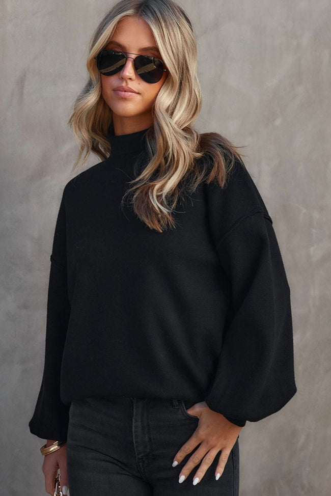 Black Turtleneck Drop Shoulder Bubble Sleeve Knit Sweater - Luxe Shopping