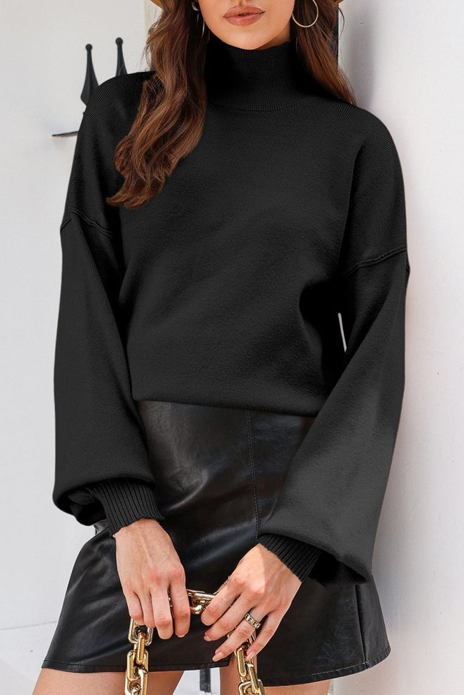 Black Turtleneck Drop Shoulder Bubble Sleeve Knit Sweater - Luxe Shopping