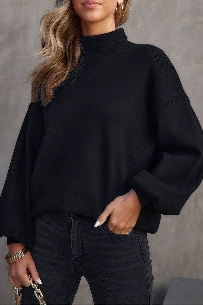 Black Turtleneck Drop Shoulder Bubble Sleeve Knit Sweater - Luxe Shopping