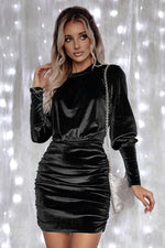 Black Velvet Puff Sleeve Ruched Bodycon Dress - Luxe Shopping