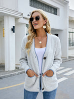 Button Down V-Neck Cardigan with Pockets - Luxe Shopping