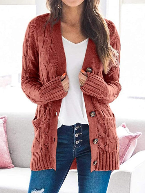 Cable-Knit Buttoned Cardigan with Pockets - 5 Colors