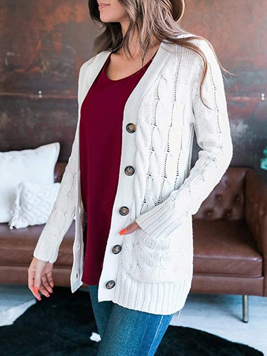 Cable-Knit Buttoned Cardigan with Pockets - 7 Colors - Luxe Shopping