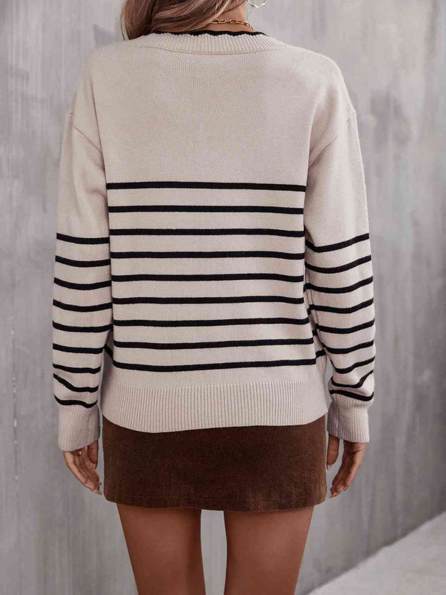 Striped V-Neck Drop Shoulder Sweater - 3 Colors