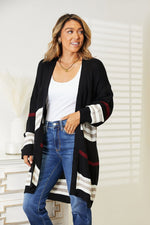 Double Take Striped Rib-Knit Drop Shoulder Open Front Cardigan - Luxe Shopping