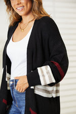 Double Take Striped Rib-Knit Drop Shoulder Open Front Cardigan - Luxe Shopping