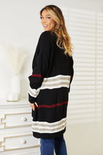 Double Take Striped Rib-Knit Drop Shoulder Open Front Cardigan - Luxe Shopping