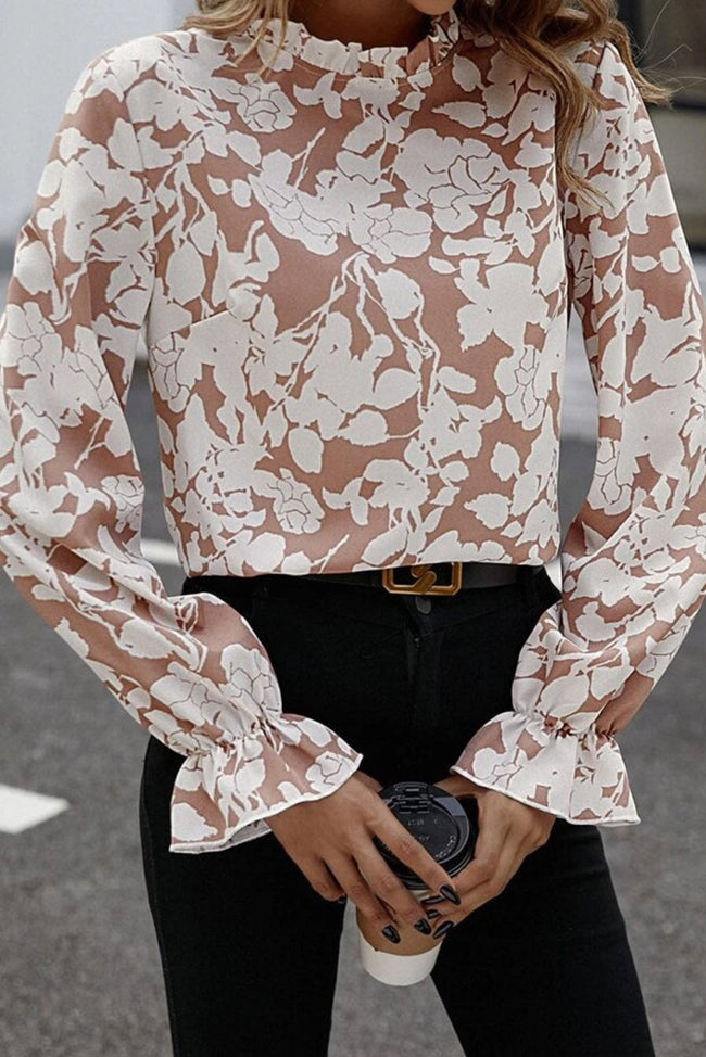 Flaxen Floral Print Frilled Neckline Flounce Sleeve Blouse - Luxe Shopping