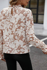 Flaxen Floral Print Frilled Neckline Flounce Sleeve Blouse - Luxe Shopping