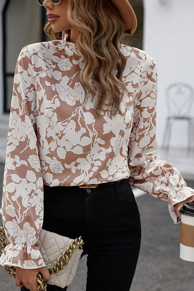 Flaxen Floral Print Frilled Neckline Flounce Sleeve Blouse - Luxe Shopping