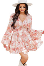 Floral Smocked High Waist Bell Sleeve Mini Dress - Luxe Shopping