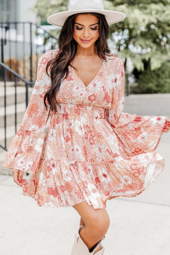 Floral Smocked High Waist Bell Sleeve Mini Dress - Luxe Shopping