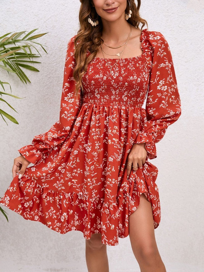 Floral Smocked Square Neck Dress - Luxe Shopping